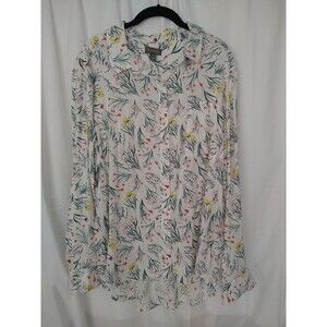 NWT Style & Co Women XL Linen Blend Button Up Blouse White Floral Long Sleeve